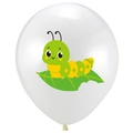 Detail of white latex balloon featuring a cute green caterpillar print on a green leaf - White