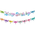 Close-up of colorful dragonfly party banner and Happy Birthday hanging decorations - Letter Banner