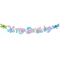 Close-up of Happy Birthday banner with colorful dragonflies and floral elements - Large Birthday Banner