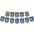 Detail of dark blue and gold Eid Mubarak banners featuring mosque and moon graphics - Letter Banner