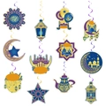 Detail of 12-piece Eid Mubarak hanging swirls featuring gold moons and purple lanterns - 12 Double-sided Cards + 12 Single Swirls