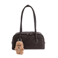 Borsa a spalla retrò marrone scuro con cuciture bianche e ciondolo a forma di cane - Marrone