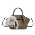 Mocha lychee leather bucket bag with silver twist lock and grey bunny charm accessory - With Pendant / Elephant Gray