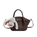 Dark brown lychee pattern leather bucket bag with silver buckle and rabbit charm - With Pendant / Brown