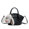 Black pebbled leather bucket bag with silver buckle and cute grey rabbit plush charm - With Pendant / Black