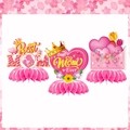 Three-piece Mother's Day honeycomb centerpieces with pink floral and heart designs - Honeycomb Centerpieces
