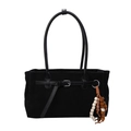 Black suede shoulder bag with decorative buckle and beaded charm accessory - With Charm / Black