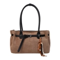 Brown faux suede tote bag with black straps and vintage beaded tassel ornament - With Charm / Khaki
