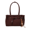 Vintage dark brown suede tote bag featuring bohemian beaded tassels and metal buckle details - With Charm / Coffee