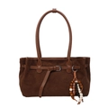Retro dark brown faux suede tote bag with leather handles and colorful beaded pendant - With Charm / Brown
