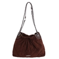 Bolso saco de ante marrón oscuro con pespuntes acolchados y correa de cadena plata - Marrón