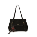 Chic black tote bag with white contrast stitching and a cute bear bag charm - With Pendant / Black