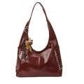 Deep burgundy faux leather hobo tote bag with silver rivets and cute bear pendant - With Pendant / Burgundy