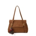 Retro brown suede tote bag with dual shoulder straps and a black bear doll ornament - With Pendant / Brown