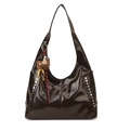 Dark brown large tote bag in glossy faux leather with silver studs and teddy bear charm - With Pendant / Brown