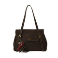 Dark brown suede tote bag with double thin shoulder straps and a bear pendant decoration - With Pendant / Brown