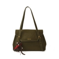Minimalist dark green tote bag in pebbled leather with cute black bear charm - With Pendant / Green