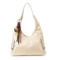 Cream white vintage large capacity hobo bag with silver rivets and bear charm - With Pendant / White