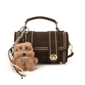 Dark brown suede Boston bag with gold rivets, rotary lock, and a plush dog charm - With Pendant / Brown