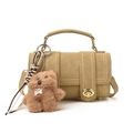 Retro khaki Boston bag with gold rivets, twist lock, and a brown plush bear charm - With Pendant / Khaki