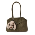 Borsa tote vintage verde oliva in ecopelle testurizzata con ciondolo a forma di coniglio - Con Ciondolo / Verde
