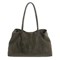 Retro oversized shoulder tote bag in olive green matte leather with small pouch charm - Olive Green