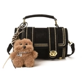 Retro black matte Boston bag with gold studs and a brown dog plush charm - With Pendant / Black