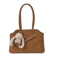 Elegante borsa tote in pelle scamosciata marrone con cuciture e ciondolo a coniglietto - Con Ciondolo / Marrone