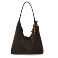 Dark brown matte shoulder tote bag with white contrast stitching and beaded tassel - Brown