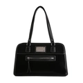 Black patent leather tote bag with white contrast stitching and tassel details - Black