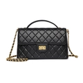 Bolso bandolera de cuero acolchado negro con cierre giratorio dorado y cadena - Negro