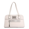White faux leather tote bag with black contrast piping and silver metal hardware - White