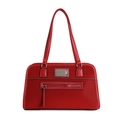 Classic red patent leather tote bag with silver metal plaque and front zipper pocket - Red