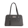 Minimalist grey faux leather tote bag with metallic plate and front zipper pocket - Gray