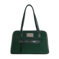 Classic dark green tote bag in matte leather finish with silver metal nameplate details - Green