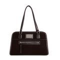 Dark brown faux leather tote bag with silver metal plaque and white contrast stitching - Brown
