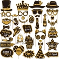 Set detallado de 38 accesorios brillantes en negro y oro para fotos de cumpleaños en blanco - Amarillo Dorado