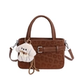 Brown leopard print handbag with plush puppy charm and detachable shoulder strap - With Ornament / Brown