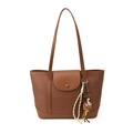 Bolso tote marrón de piel sintética con textura de lichi y colgante de oso decorativo - Con Ornamento / Marrón