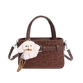 Brown leopard print handbag with plush dog charm and detachable shoulder strap - With Ornament / Brown
