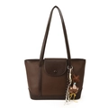 Bolso tote marrón oscuro de cuero granulado con solapa de botón y colgante de oso - Con Ornamento / Marrón