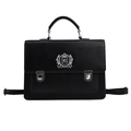 Retro black leather crossbody bag with silver shield embroidery and buckle detail - L Black
