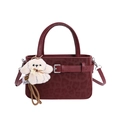 Burgundy leopard pattern handbag with plush puppy charm and detachable shoulder strap - With Ornament / Burgundy