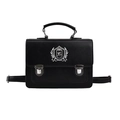 Retro black leather satchel with dual silver buckles and college style embroidery - Small Black
