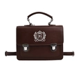 Vintage brown PU leather satchel bag with white embroidered crest and top handle - Small Brown