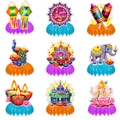 Set of 9 Diwali honeycomb table centerpieces with Ganesha, peacock and elephant motifs - 9-Piece Set (Diwali Honeycomb Decoration)