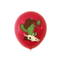 Detail view of red latex balloon with western cowboy cactus and skull print - Cactus And Bull Skull Pattern / Red