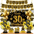 Set decorativo dettagliato per il 30° compleanno in nero e oro con palloncini e banner - Set 30° Compleanno