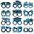 12-piece graduation party paper glasses set with blue glitter mortarboard and slogans - Blue