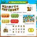 Party-Set mit Tiermotiven: Banner, Ballons, Kuchendeko und Strand-Hintergrundbild - Set aus Hintergrundtuch, Banner, Ballons, Tortenaufsätzen und Bändern